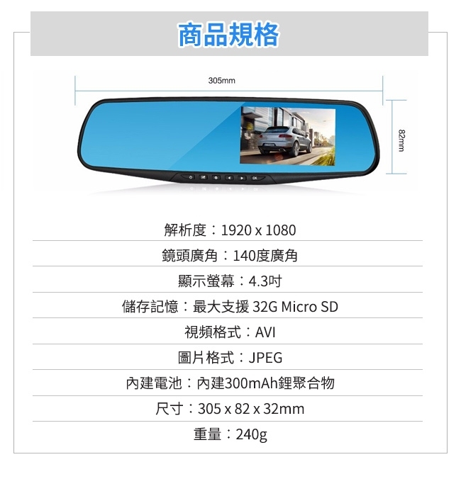 高畫質 FHD 1080P 後視鏡 行車紀錄器 防眩光藍鏡後照鏡 行車記錄器