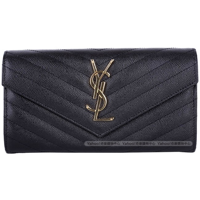 YSL Saint Laurent MONOGRAM 斜壓荔枝皮紋手拿包/長夾(黑色)
