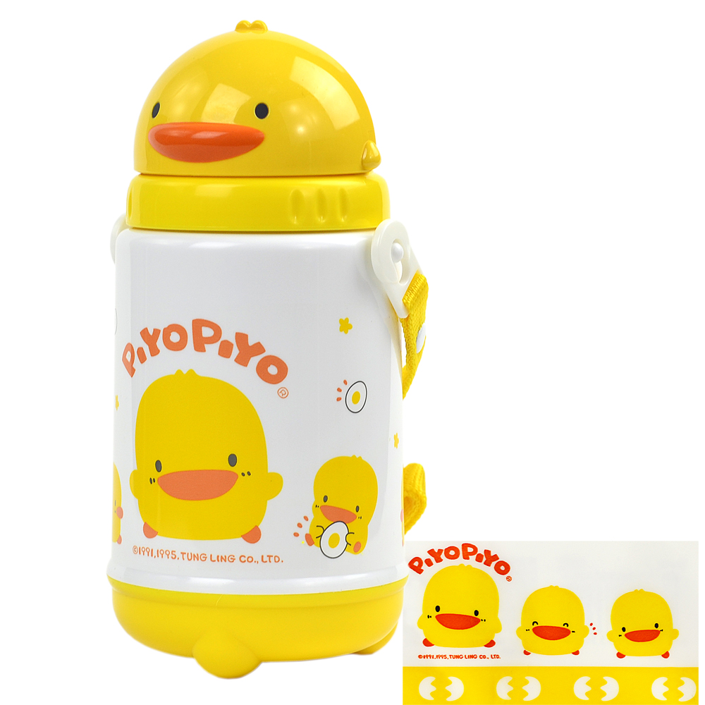 《PiYoPiYo》黃色小鴨滑動式杯蓋可背式保溫‧保冷水壺 420c.c.