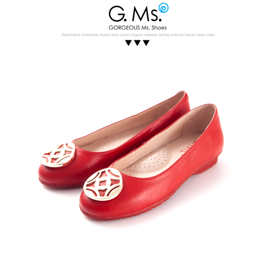 G.Ms. 金屬圓釦全真皮微坡跟娃娃鞋-火熱紅