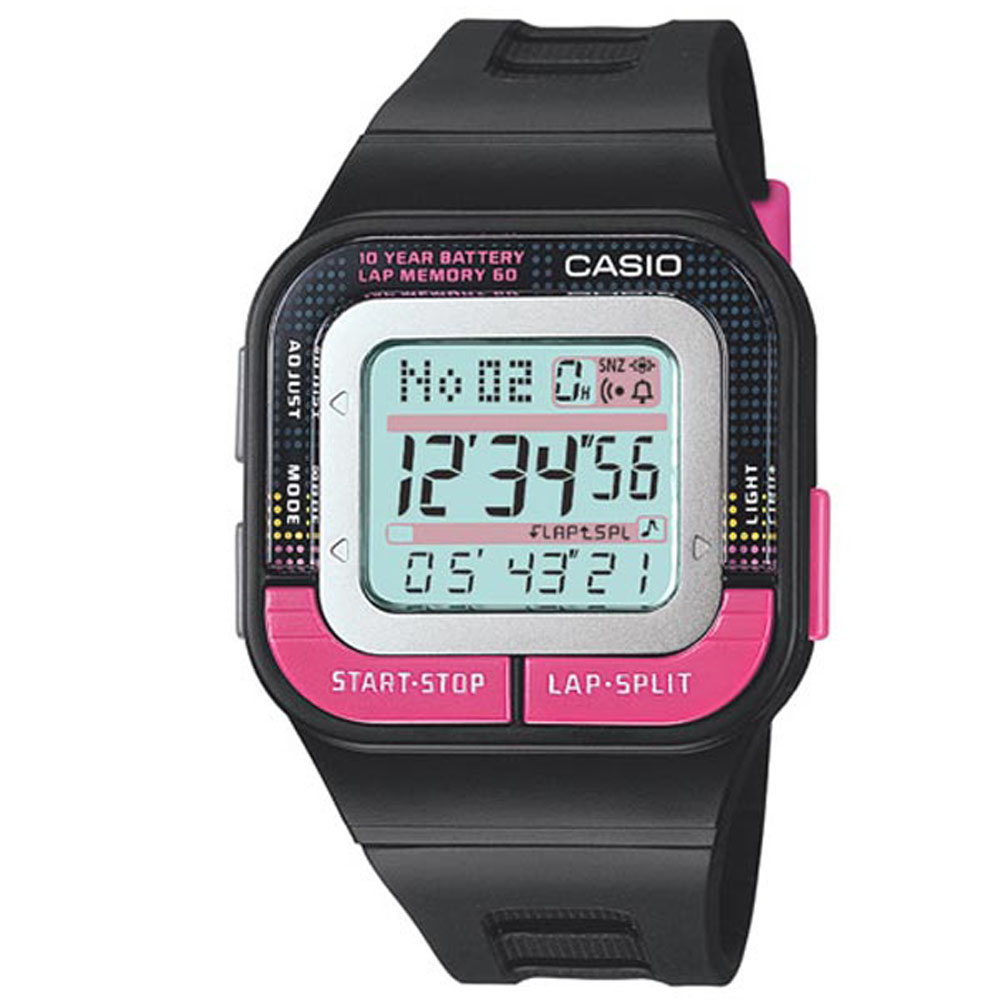 CASIO 10年電力慢跑數位運動風錶(SDB-100-1B)-黑/桃紅按鍵/33mm