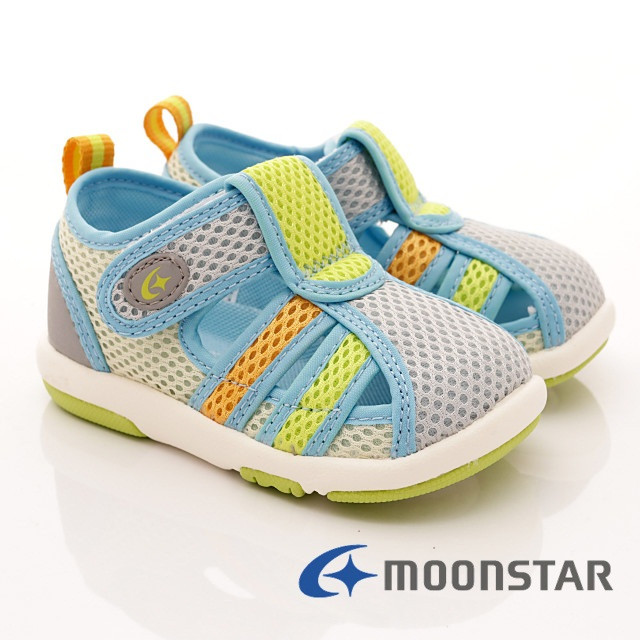 日本Moonstar機能童鞋 護趾機能輕量涼鞋 1368淺灰黃(寶寶段)