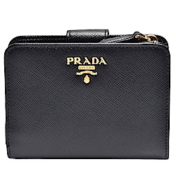 PRADA SAFFIANO METAL經典金色金屬浮雕LOGO防刮牛皮短夾/零錢包(黑)