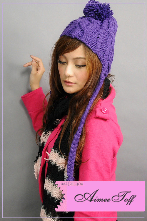 Aimee Toff 粗針麻編可愛辮子針織毛帽(紫)
