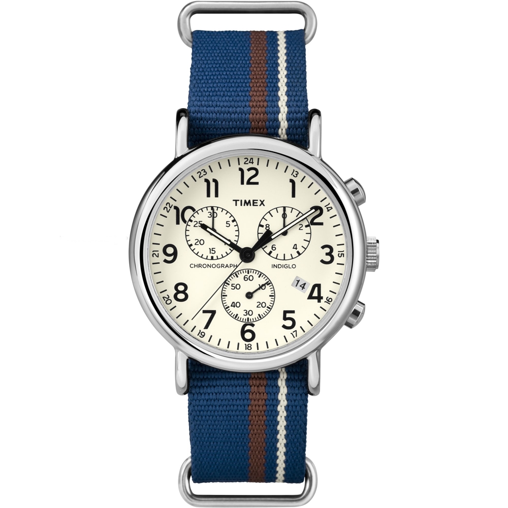 TIMEX 天美時冷光Weekender Chrono系列計時腕錶-米x藍帆布/40mm