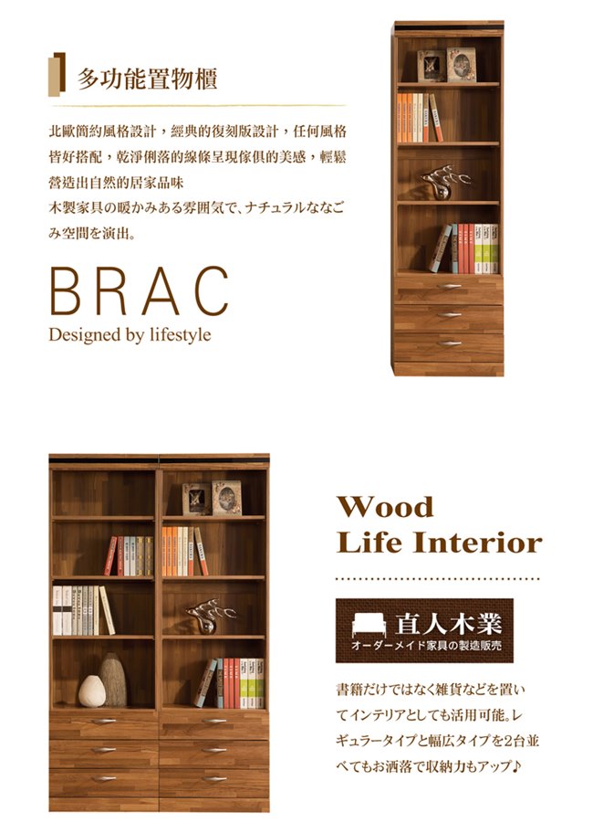 日本直人木業-BRAC層木一個3抽60CM書櫃(60x40x192cm)