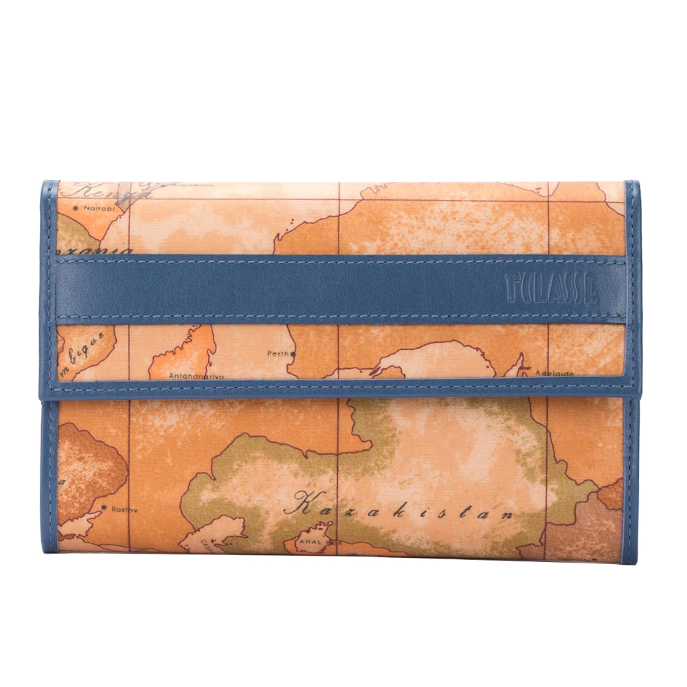 Alviero Martini 義大利地圖包 扣式8卡零錢長夾-藍綠