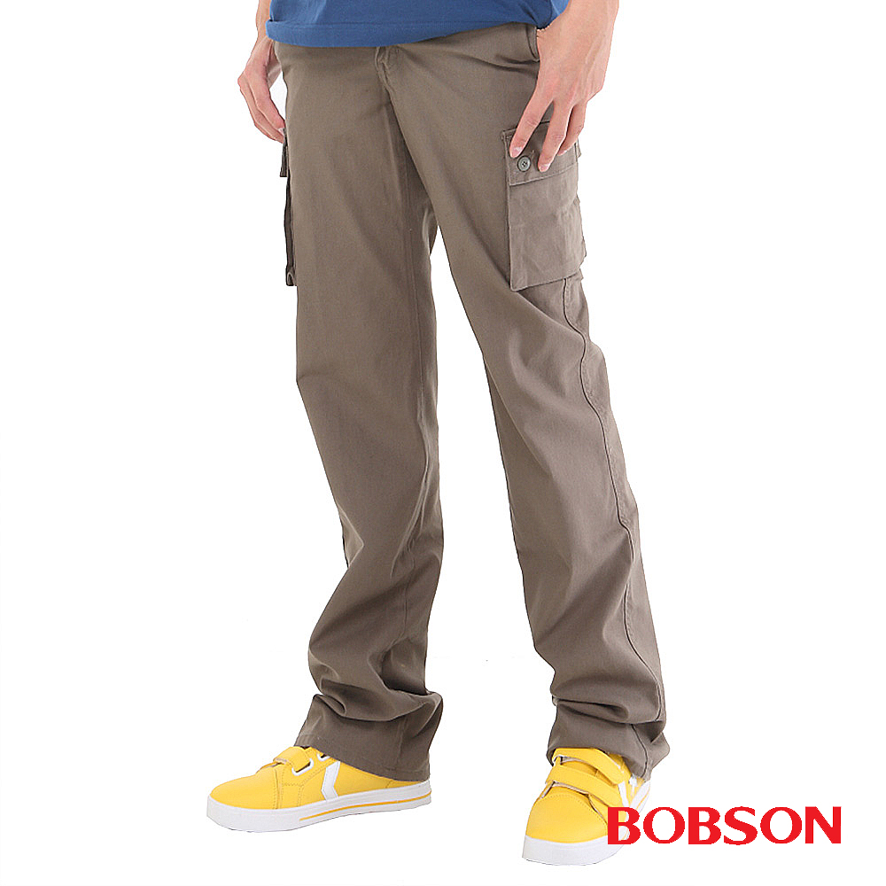 【BOBSON】男款休閒百搭側口袋直筒褲(灰綠41)