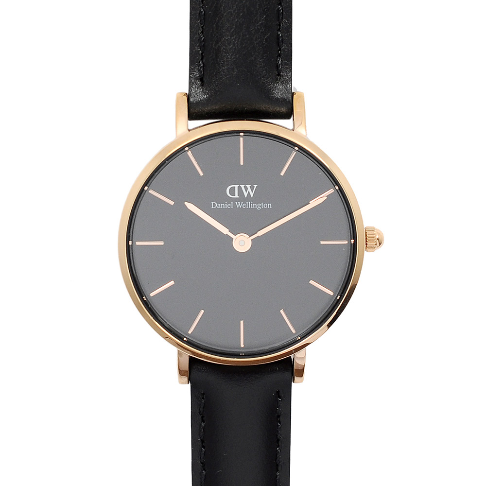 DW Daniel Wellington 黑色皮革錶帶黑錶盤玫瑰金手錶/28mm