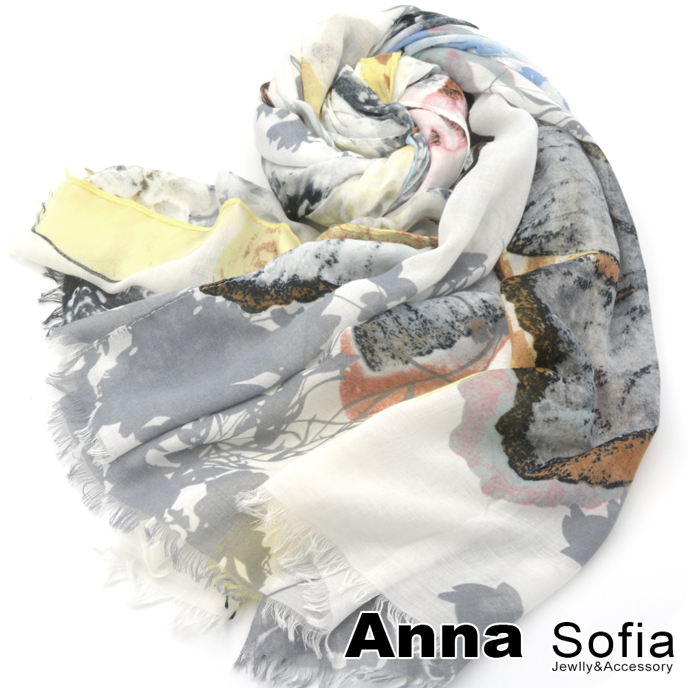 AnnaSofia 葉蝶染印毛邊 柔軟披肩圍巾