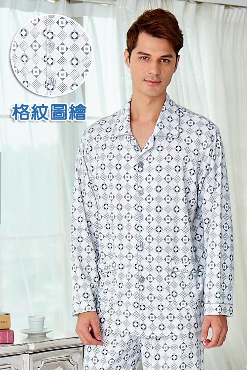 睡衣 精梳棉柔針織 男性長袖兩件式睡衣(68235)灰白幾何格紋 蕾妮塔塔