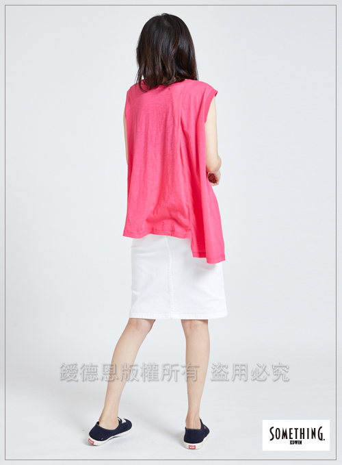 SOMETHING 層次寬鬆圓領短袖T恤-女-桃紅