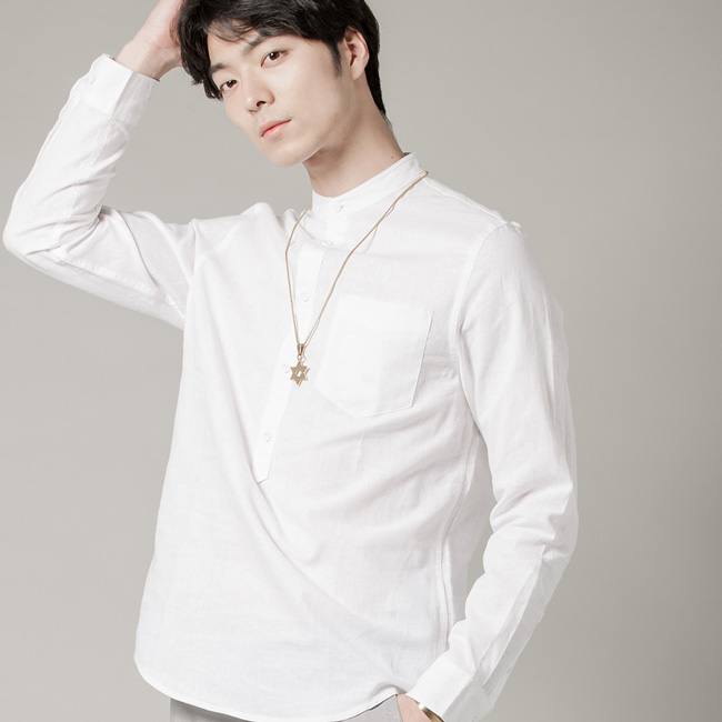 H:CONNECT 韓國品牌 男裝 - 純色亨利領長袖襯衫 - 白(快)
