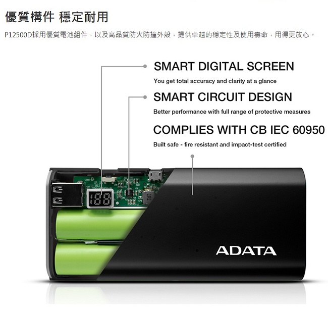 ADATA 威剛 P12500D 行動電源 12500mAh 黑色(額定容量7600mAh)