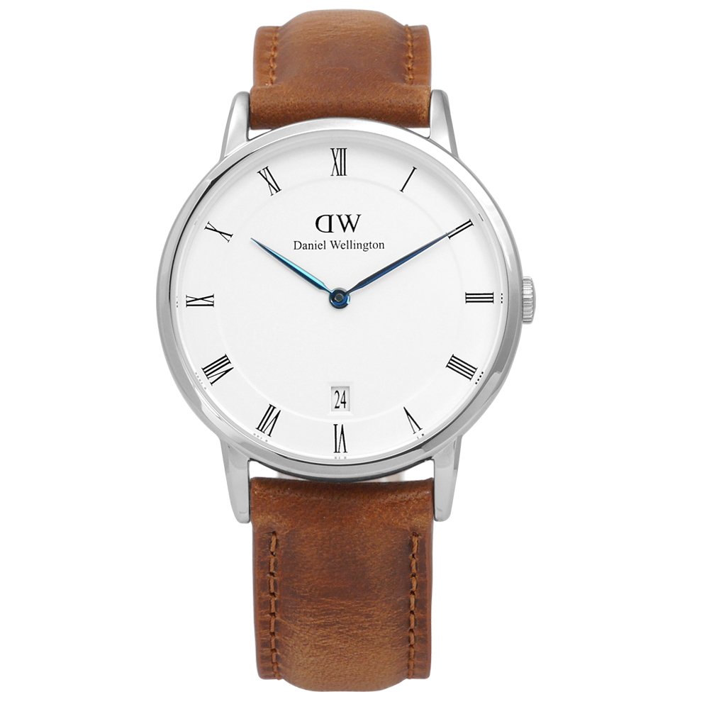 DW Daniel Wellington Dapper經典羅馬真皮手錶-白x淺咖啡34mm