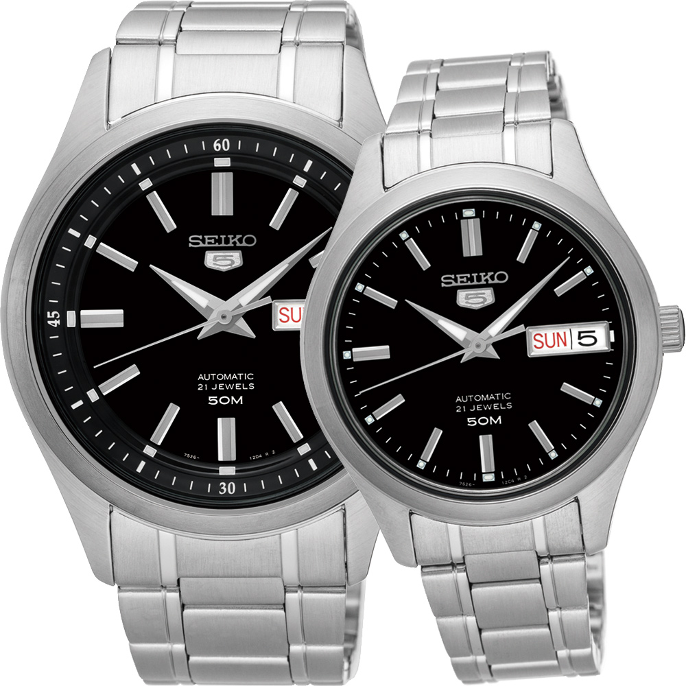 SEIKO 精工 5號盾牌日曆機械對錶(SNKN89J1+SNK883J1)-黑x銀