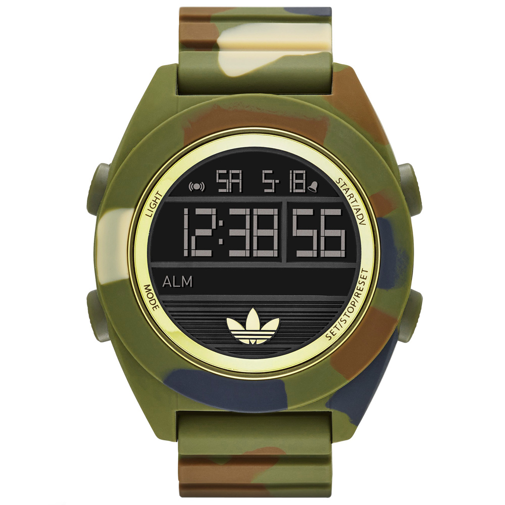 adidas 線條創造三葉圓框數位迷彩腕錶-墨綠x金框/48mm