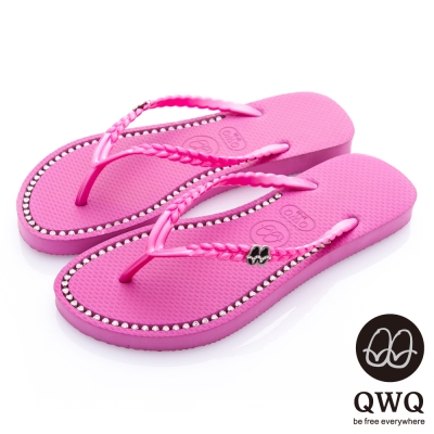 QWQ夾拖的創意(女) - 彩色素面  鞋面施華洛世奇鑽鍊夾腳拖鞋 - 俏麗粉