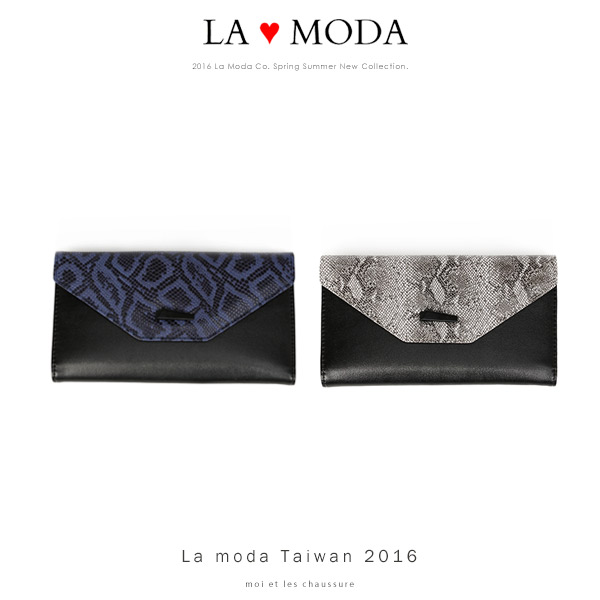 La Moda 設計感滿點~頭層真牛皮蛇紋壓紋薄型長夾(藍)