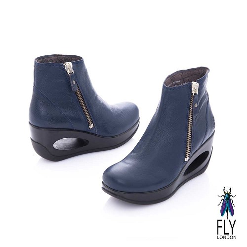 Fly London(女) 融化之冰 簍空鞋跟羊皮拉鍊短筒靴-深藍