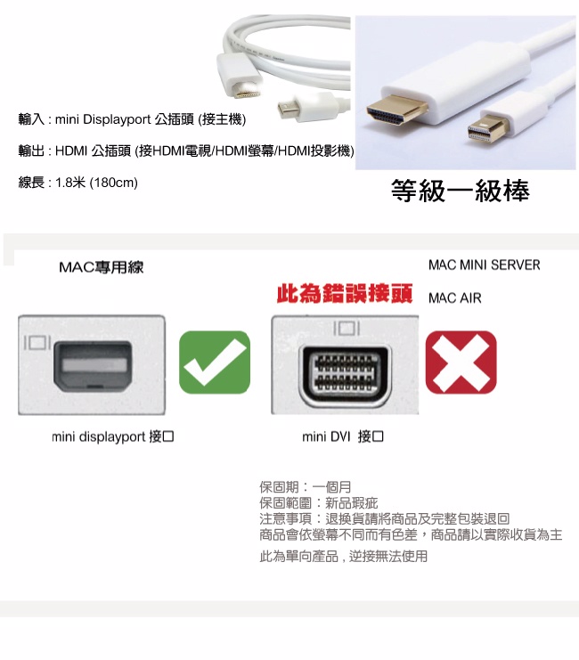 Mini DisplayPort公 對 HDMI公 視頻影音轉接線1.8M(白/2入組)