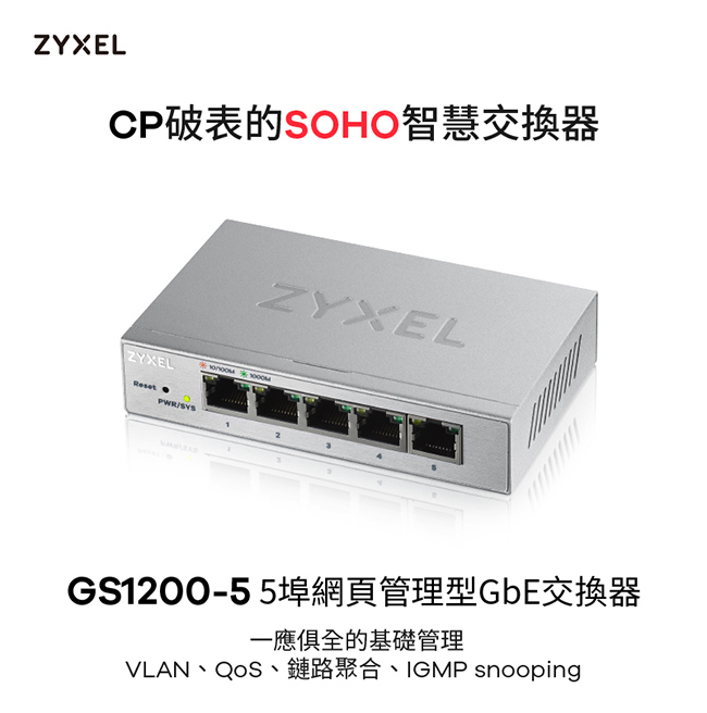 ZyXEL合勤 5埠GbE網頁式管理交換器GS1200-5