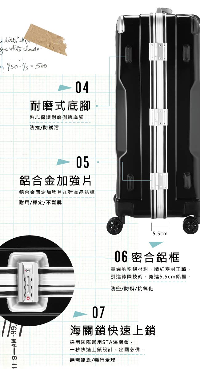 AOU絕讚耀眼系列 經典巨作 專利產品 25吋PC亮面旅行箱(搖滾黑)90-022B