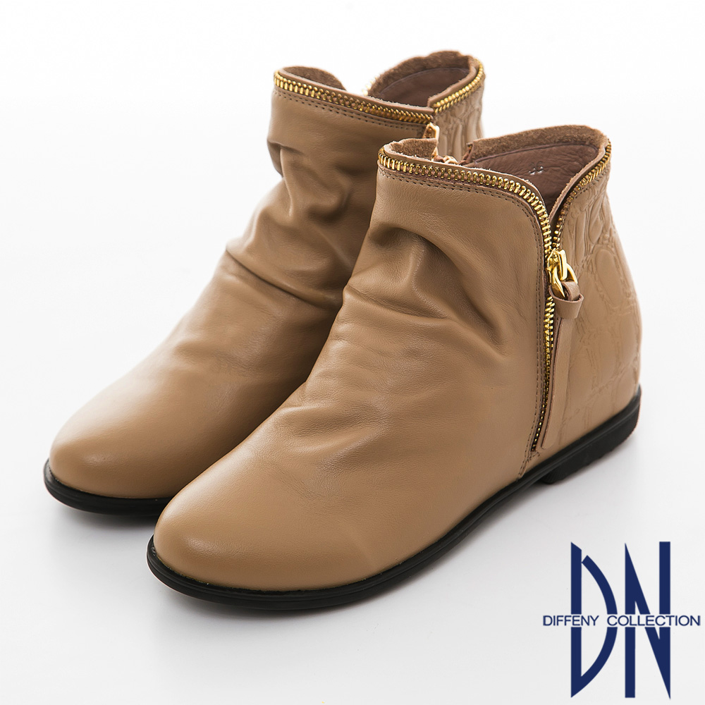 DN 自我風格 質感皮革設計雙側拉鍊平底短靴 卡其