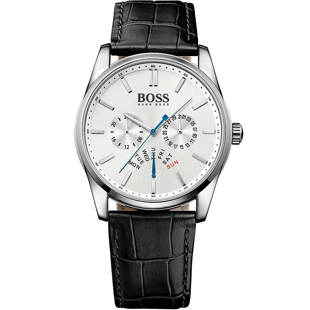 Hugo Boss 白領都會日曆時尚腕錶-銀x黑/43mm