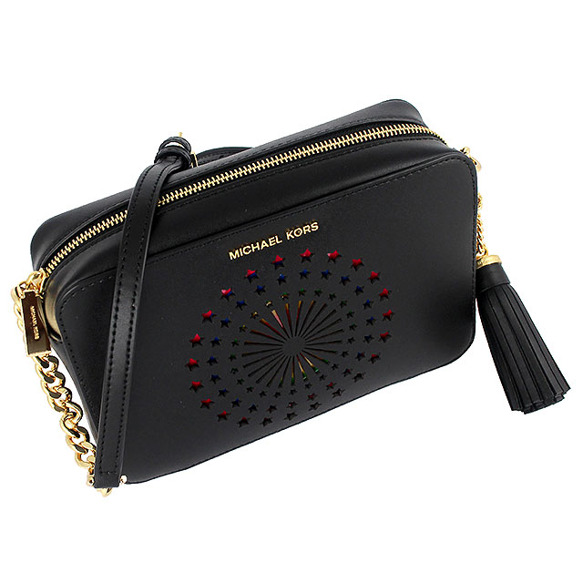 MICHAEL KORS Ginny 黑色躍動花火流蘇吊飾金屬鍊帶斜背包