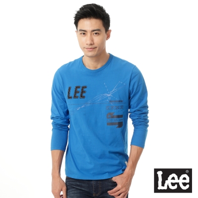 Lee 長袖T恤 拼接字樣幾何印刷-男款(亮藍)