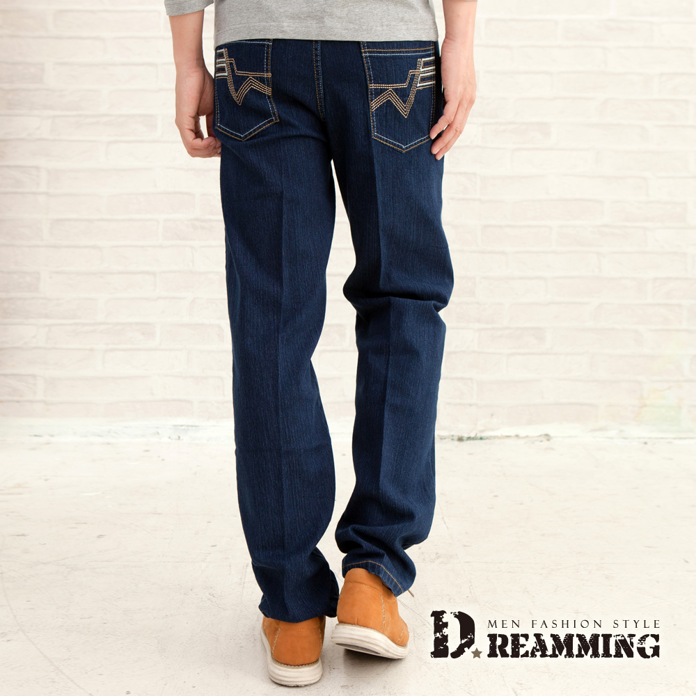 Dreamming 韓系W口袋伸縮中直筒牛仔褲-藍色