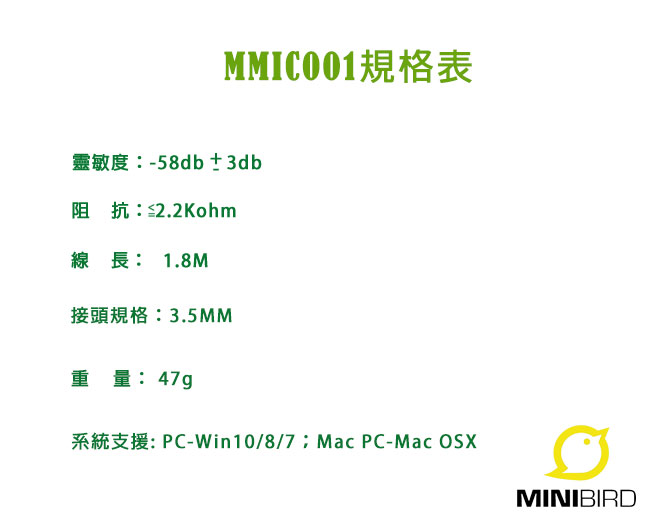 MINIBIRD抗噪3.5mm PC用麥克風-白(MMIC001WH)