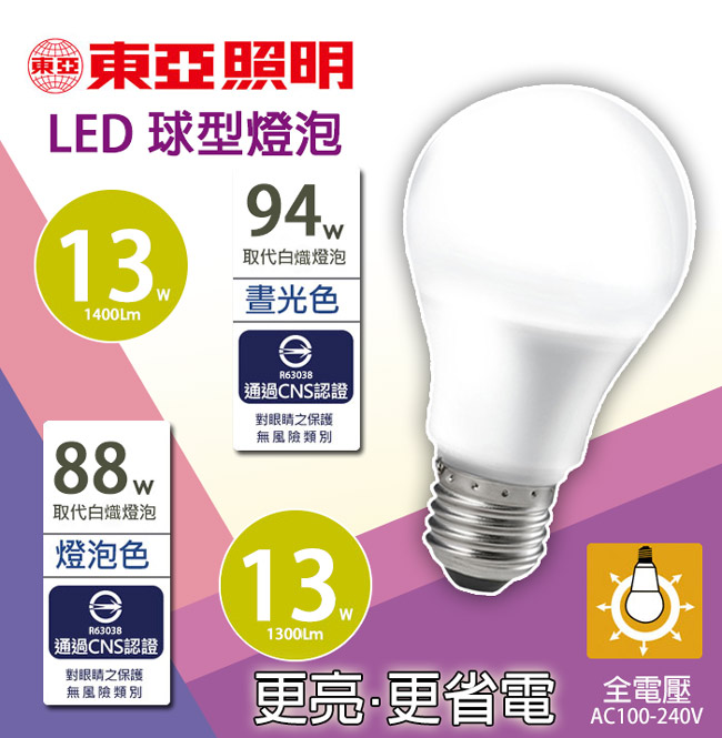 東亞照明 13W球型LED燈泡-黃光10入