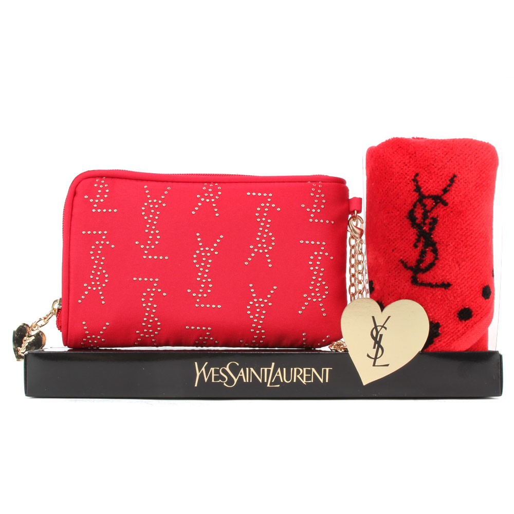 YSL 鑲釘LOGO手機袋方巾二入禮盒-紅色