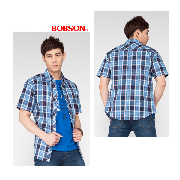 BOBSON 男款格紋短袖襯衫(藍53)