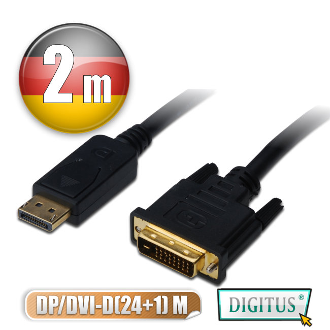 曜兆DIGITUS DisplayPort轉DVI-D(24+1)-2公尺圓線(公-公)