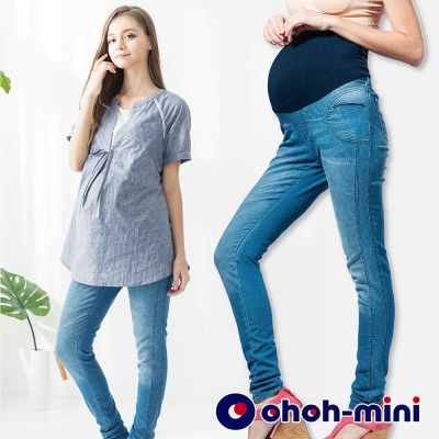 ohoh-mini 孕婦裝 超彈力雙線修飾線條單寧長褲-2色