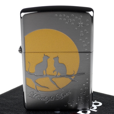 ZIPPO 日系~Moonlight Lovers-月光戀人-貓圖案蝕刻加工打火機-D款