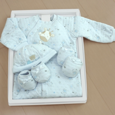 GMP BABY台灣製粉彩夾棉兩用兔裝 藍 彌月禮盒1組