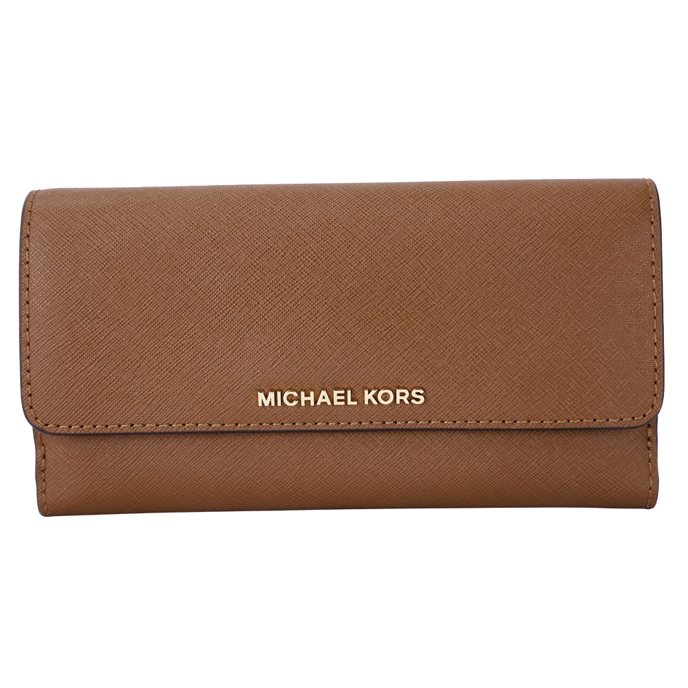 Michael Kors Jet Set Travel 防刮牛皮三折釦式長夾(棕色)