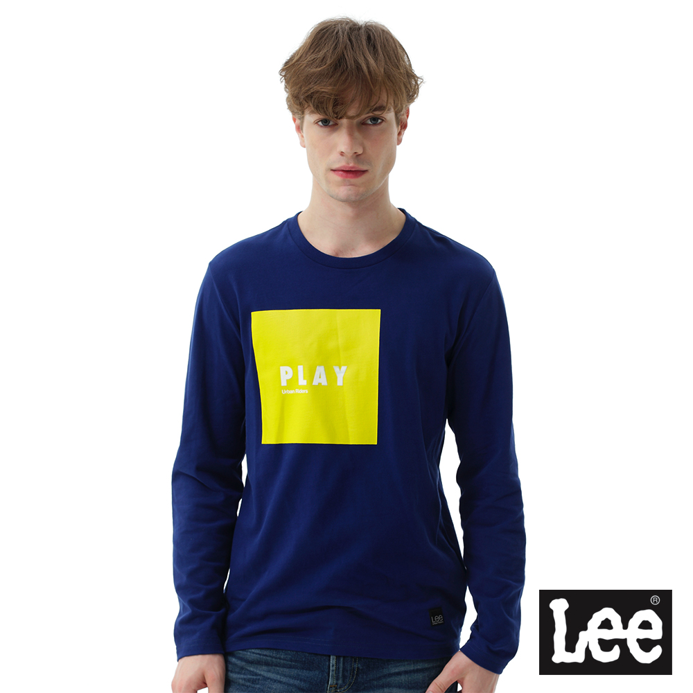 Lee 男款 方形膠印與直絨長袖圓領T 藍色
