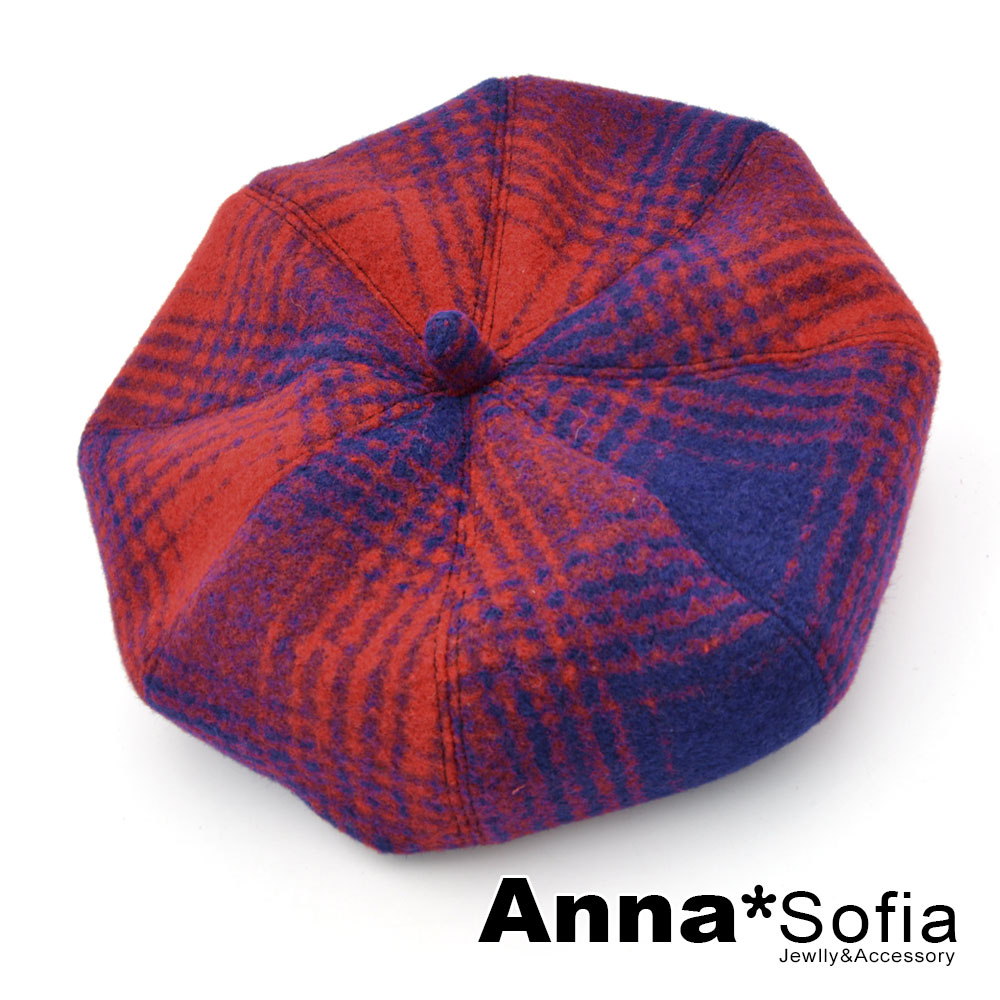 AnnaSofia 漸層韻律交叉線 毛呢畫家帽貝蕾帽(紅藍系)
