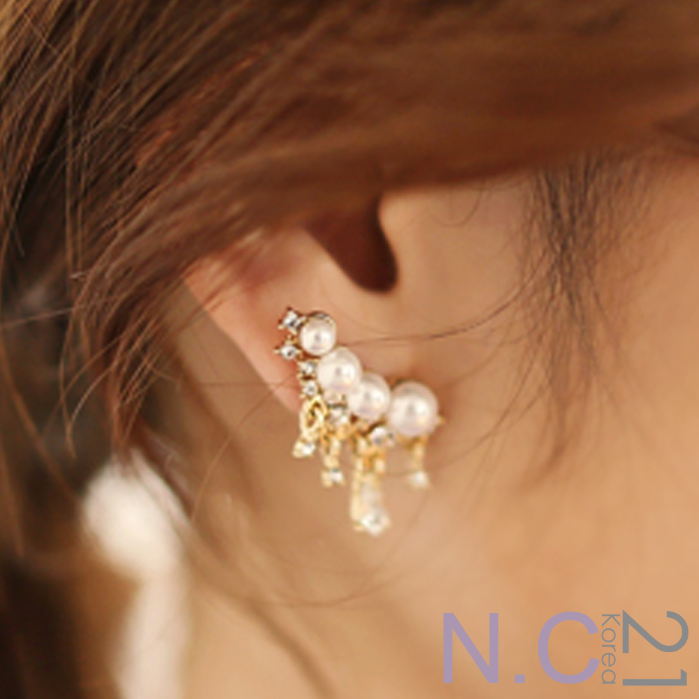 N.C21-珍珠水鑽垂墜華麗風耳飾組 (共二色)
