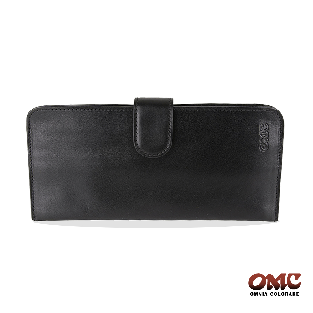 OMC 原皮系列-植鞣牛皮舌片壓扣14卡透明窗雙隔層零錢長夾-黑色