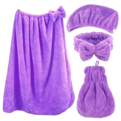 雪花絨四件組-浴帽+浴裙+裙襬式擦手巾+蝴蝶結束髮帶/潤紫