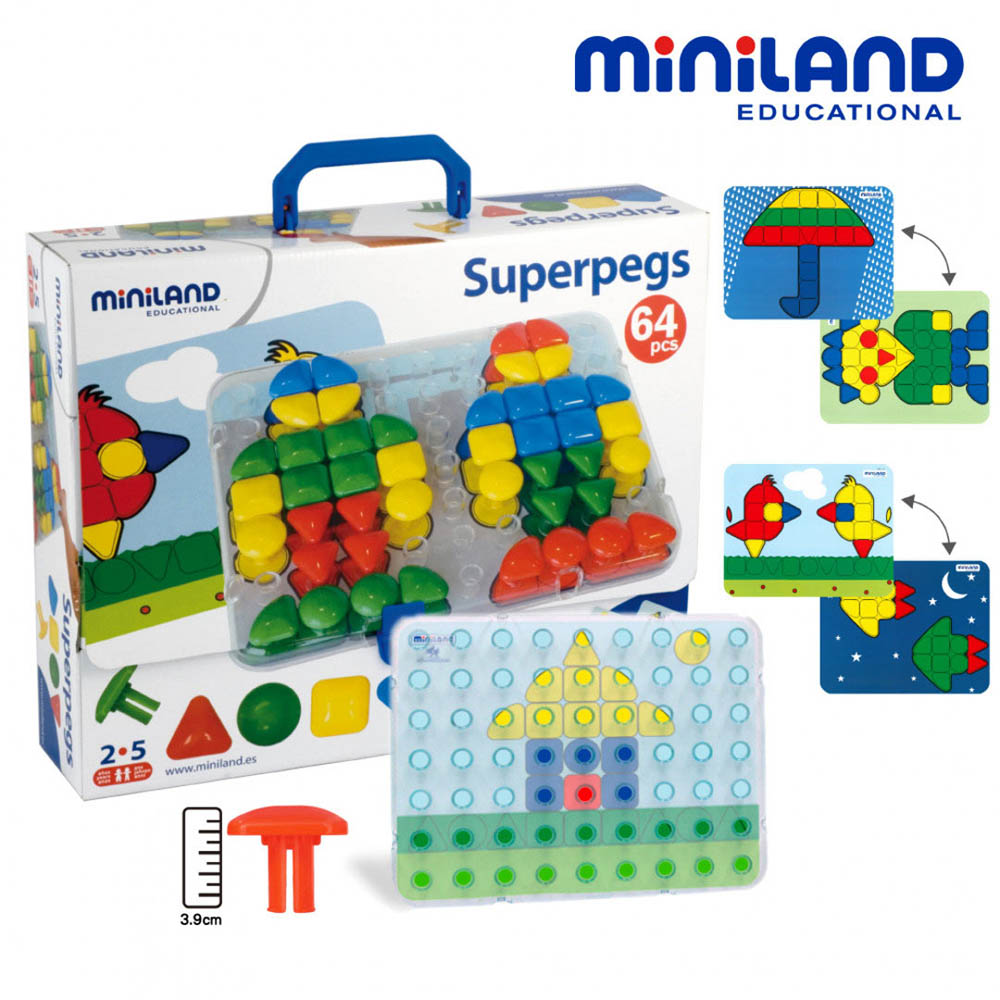【西班牙Miniland】3.9CM大拼豆幼兒64顆學習組-附透明板/圖卡