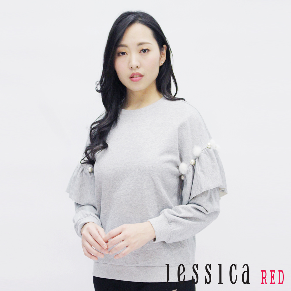 JESSICA RED - 輕甜毛球造型上衣（灰）