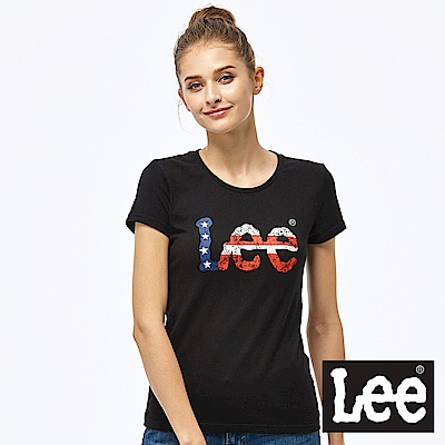 Lee 美國國旗LOGO短袖圓領TEE-女款-黑