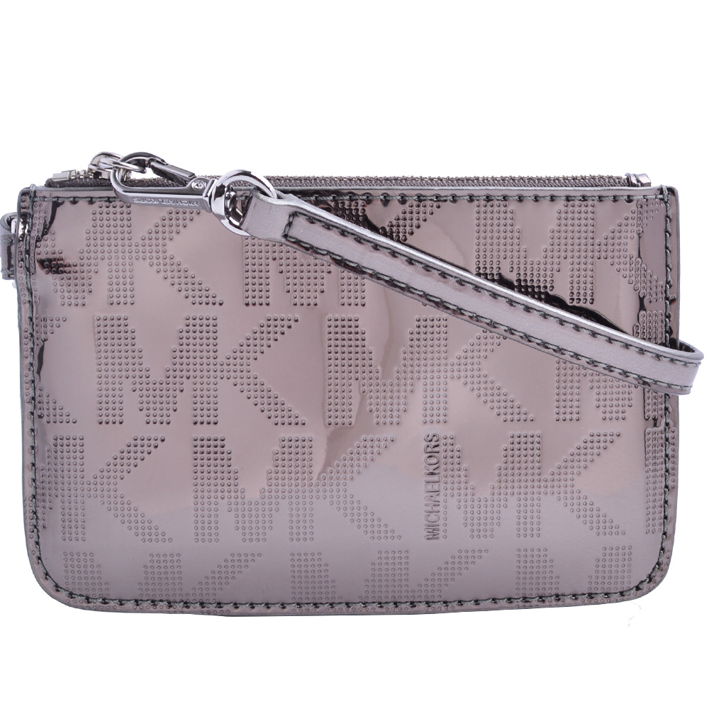 MICHAEL KORS 滿版LOGO漆皮拉鍊手拿包-灰